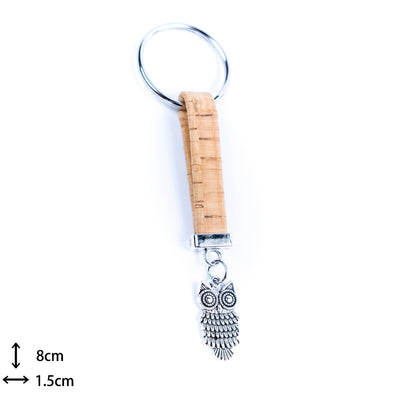 Natural colored cork cord and owl pendant handmade keychain I-086-MIX-10