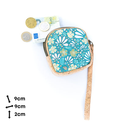 Square Cork Coin Purse with Wrist Strap – Floral Pattern BAG-2377